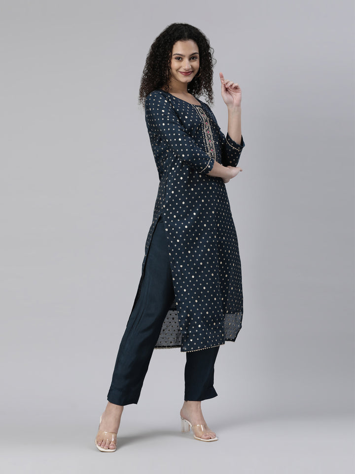 Neerus Blue Regular Knee Length Printed Readymade Suits