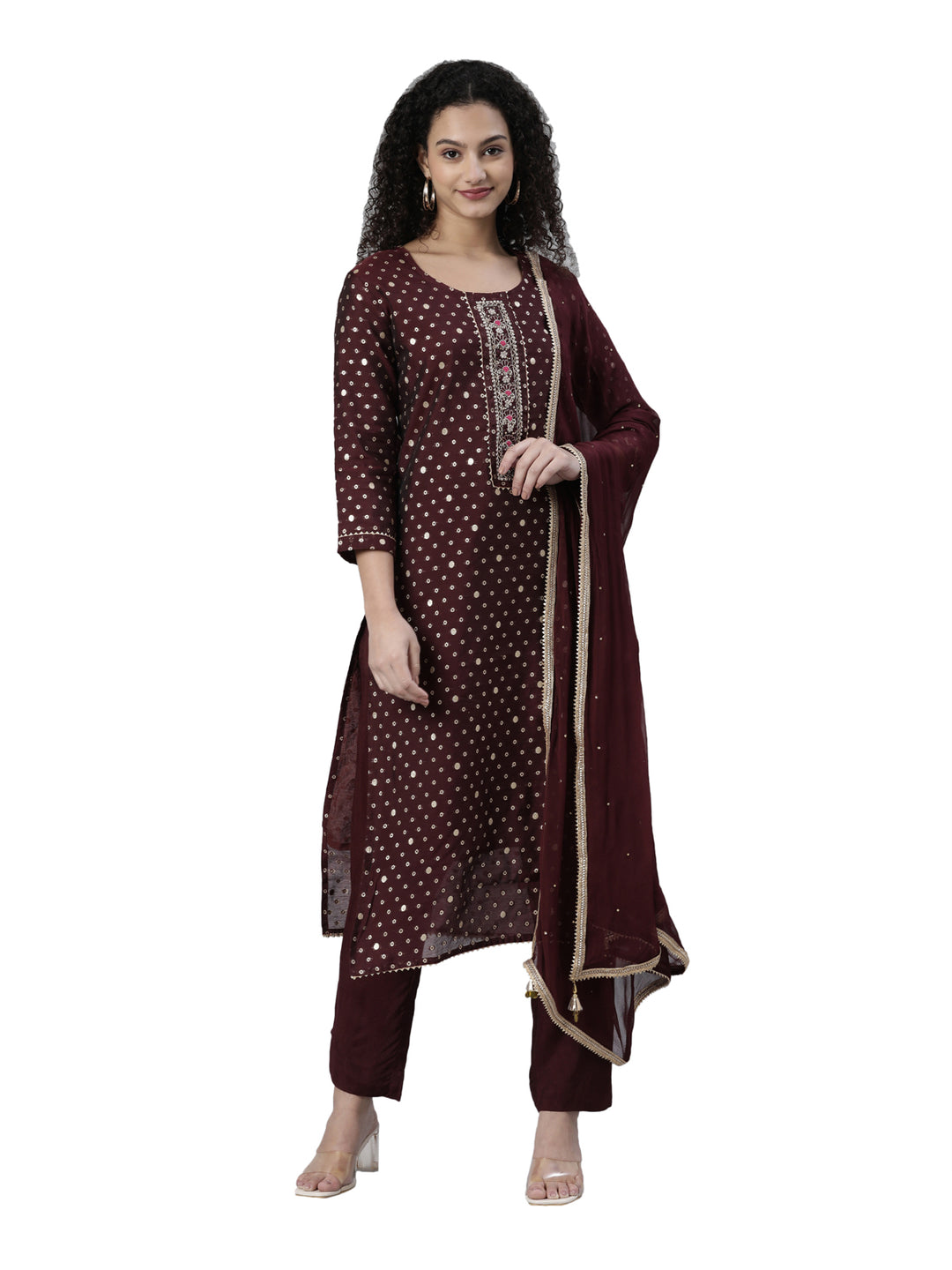 Neerus Maroon Regular Knee Length Printed Kurta Solid Trousers With Dupatta