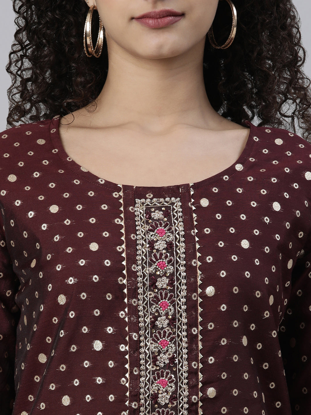 Neerus Maroon Regular Knee Length Printed Kurta Solid Trousers With Dupatta