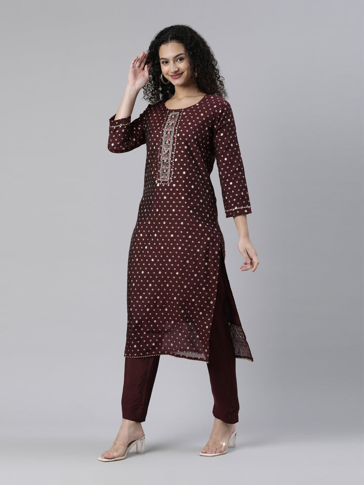 Neerus Maroon Regular Knee Length Printed Kurta Solid Trousers With Dupatta