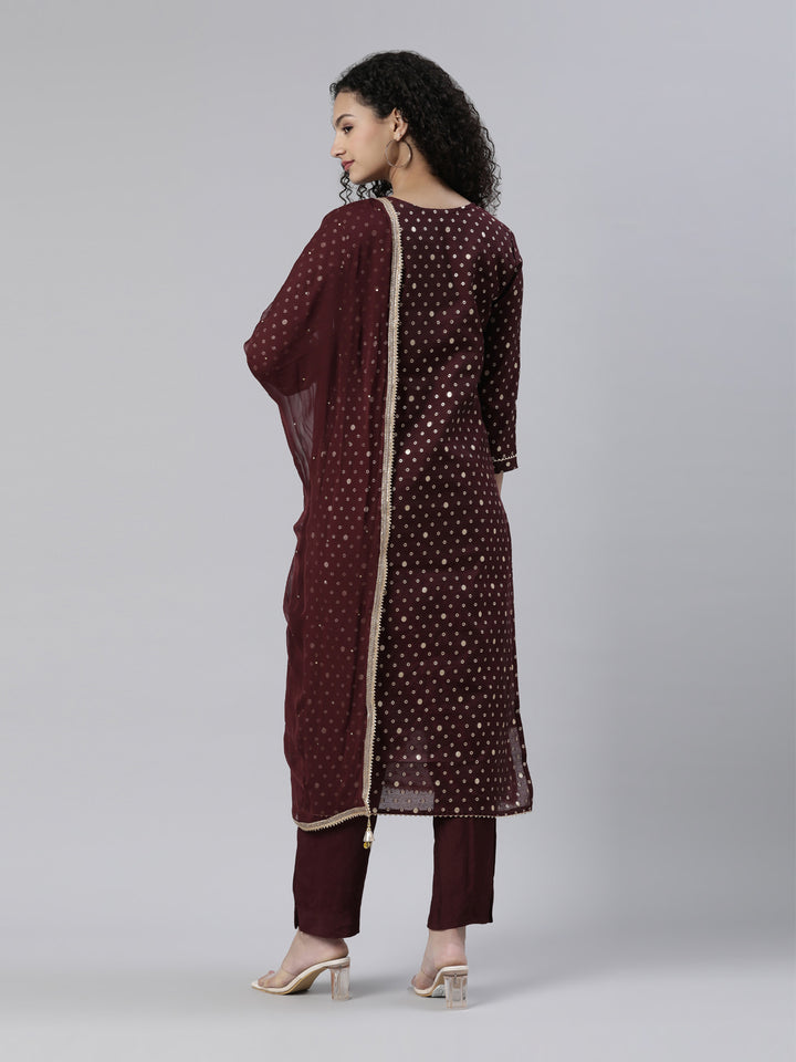 Neerus Maroon Regular Knee Length Printed Kurta Solid Trousers With Dupatta