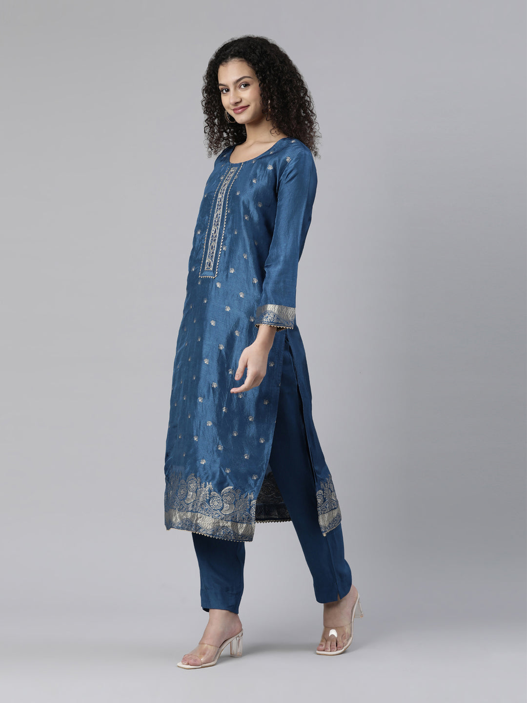 Neerus Blue Regular Knee Length Printed Readymade Suits