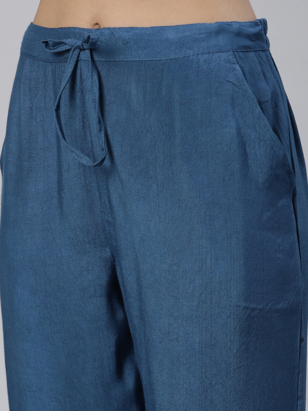 Neerus Blue Regular Knee Length Printed Kurta Solid Trousers With Dupatta