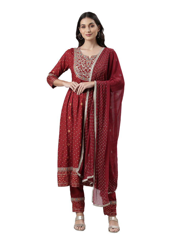 Neerus Maroon printed kurta set with trouser and dupatta - front view