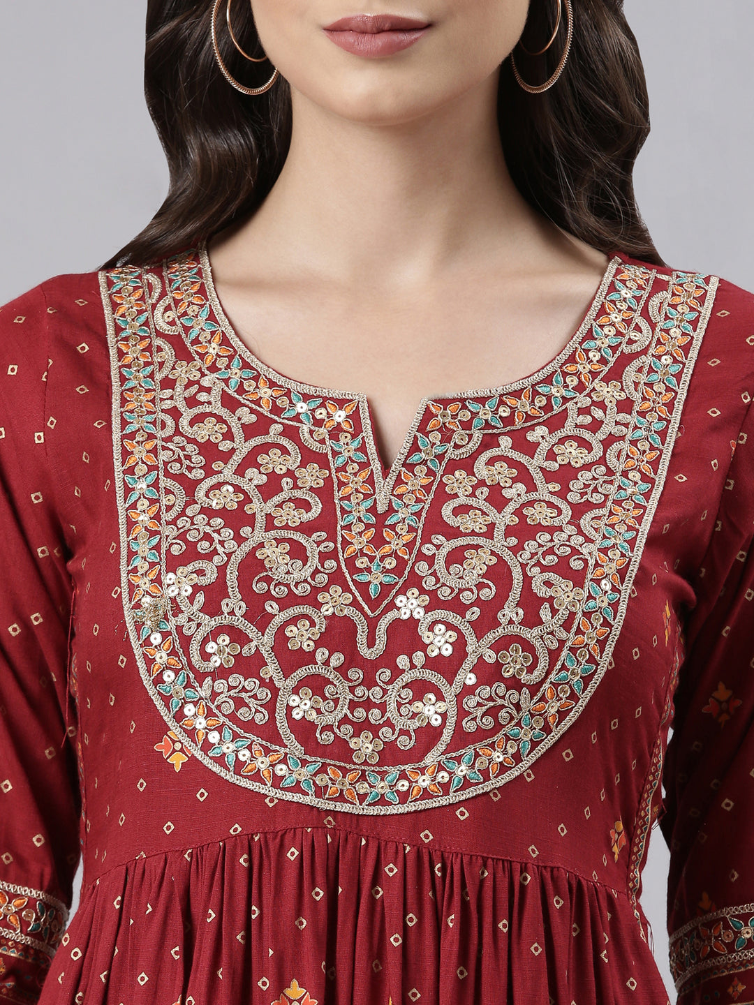 Neerus Maroon printed kurta set with trouser and dupatta - detail view 1