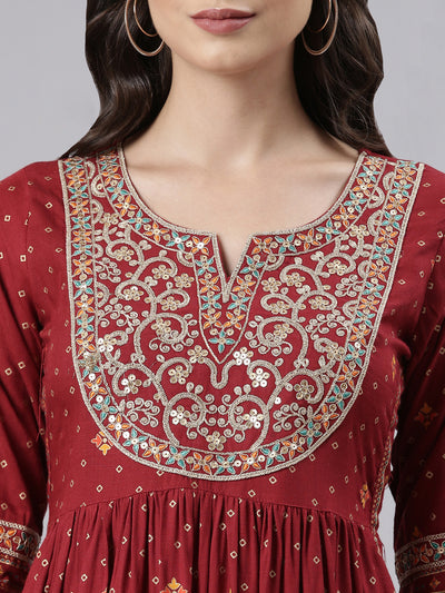 Neerus Maroon Regular Calf Length Printed Kurta Printed Trousers With Dupatta