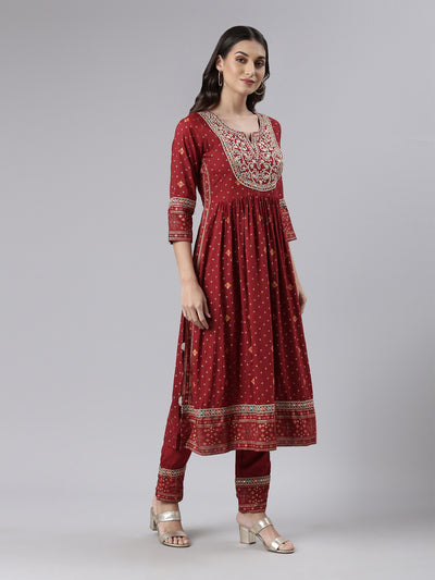 Neerus Maroon Regular Calf Length Printed Kurta Printed Trousers With Dupatta