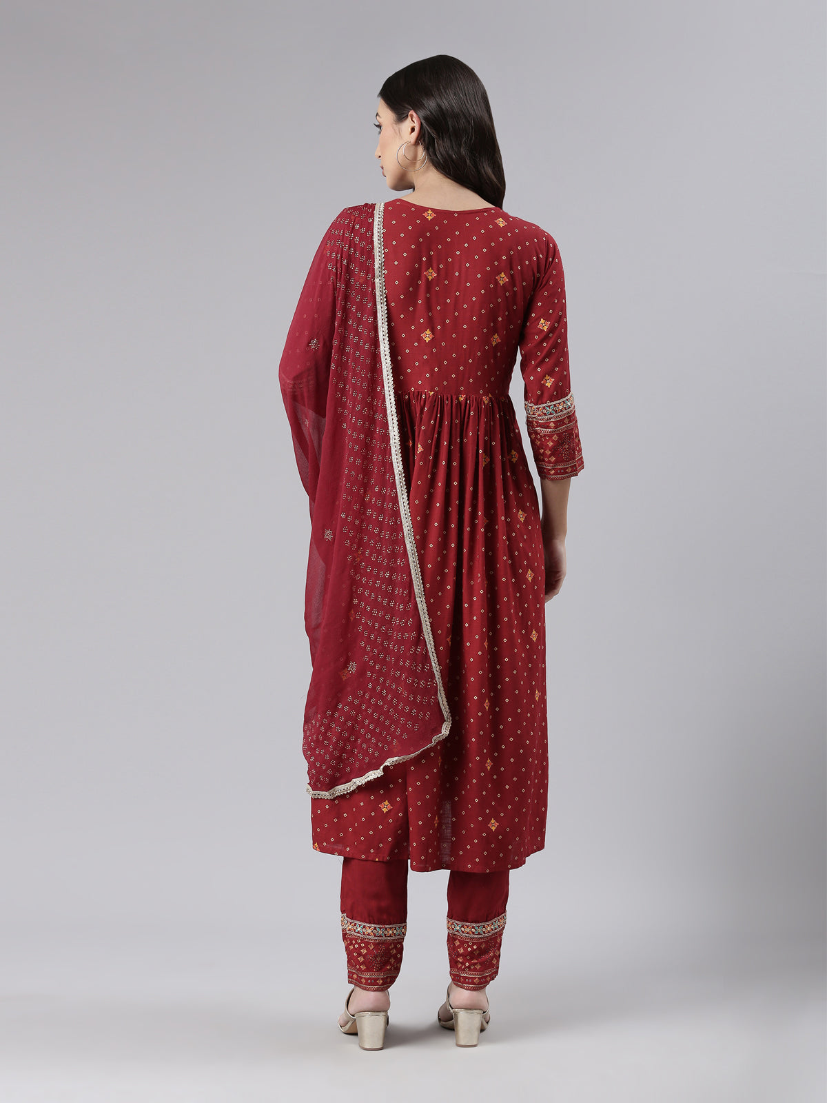 Neerus Maroon Regular Calf Length Printed Kurta Printed Trousers With Dupatta