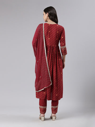Neerus Maroon Regular Calf Length Printed Kurta Printed Trousers With Dupatta