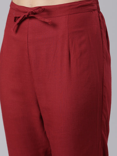 Neerus Maroon Regular Calf Length Printed Kurta Printed Trousers With Dupatta