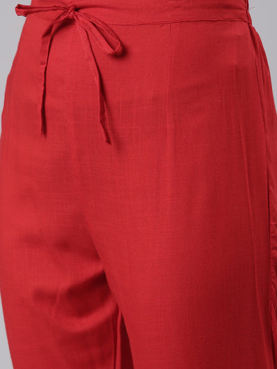 Neerus Red Regular Calf Length Printed Kurta Printed Trousers With Dupatta