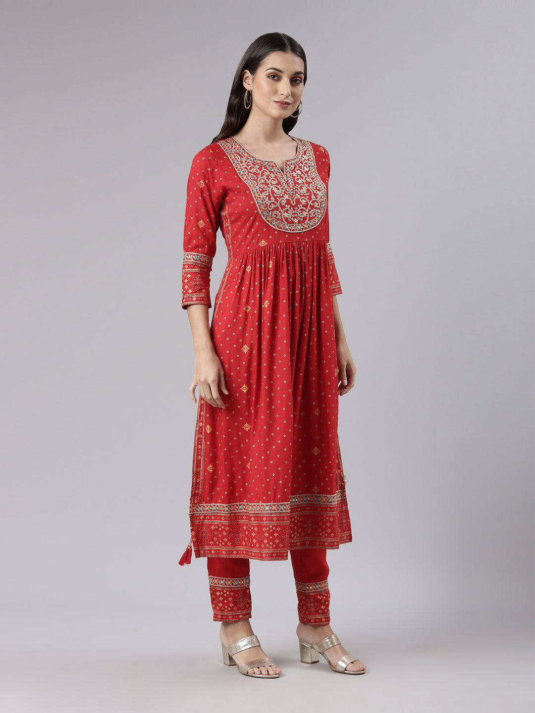 Neerus Red printed kurta set with trouser and dupatta - back view