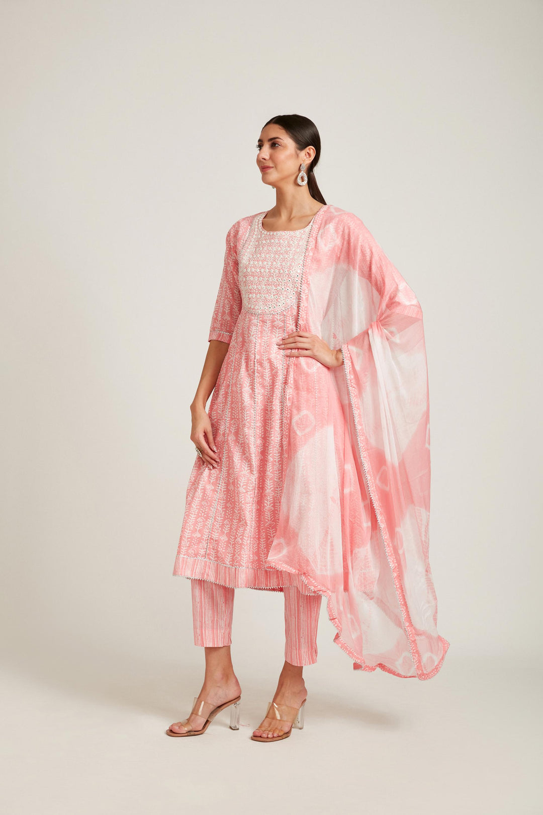 Neerus Pink cotton mirror work kurta set - front view