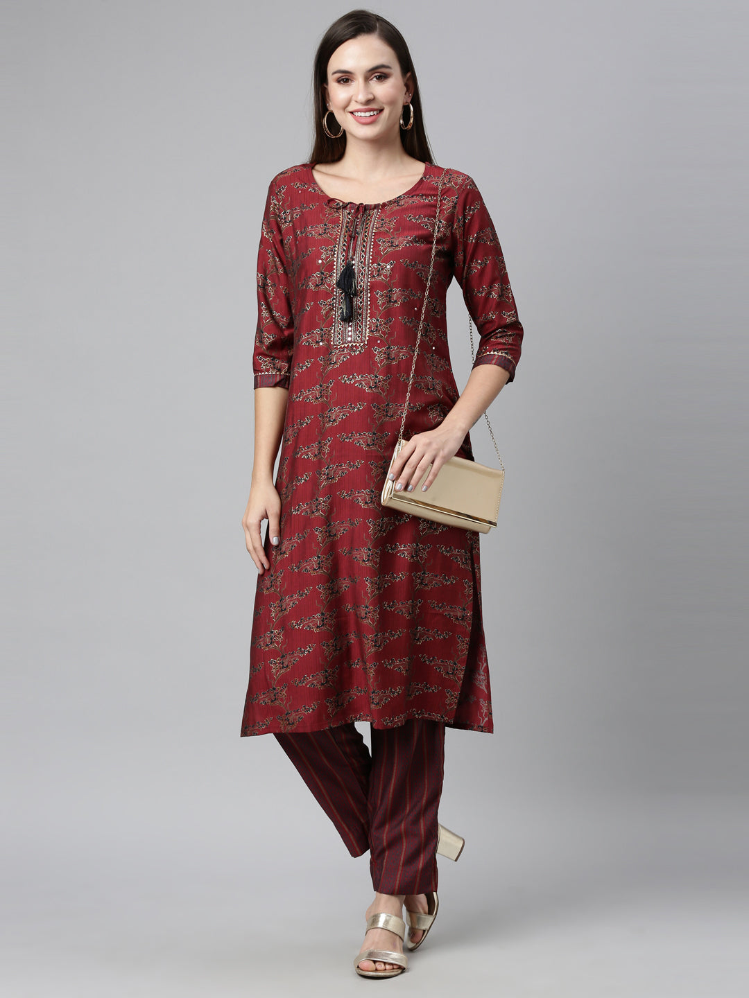 Neerus Maroon Shantoon embellished kurta set - detail view 1