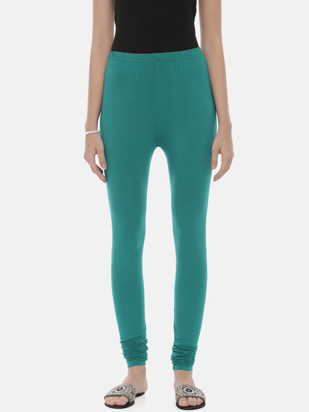 Neerus Green lycra solid leggings bottom - detail view 9