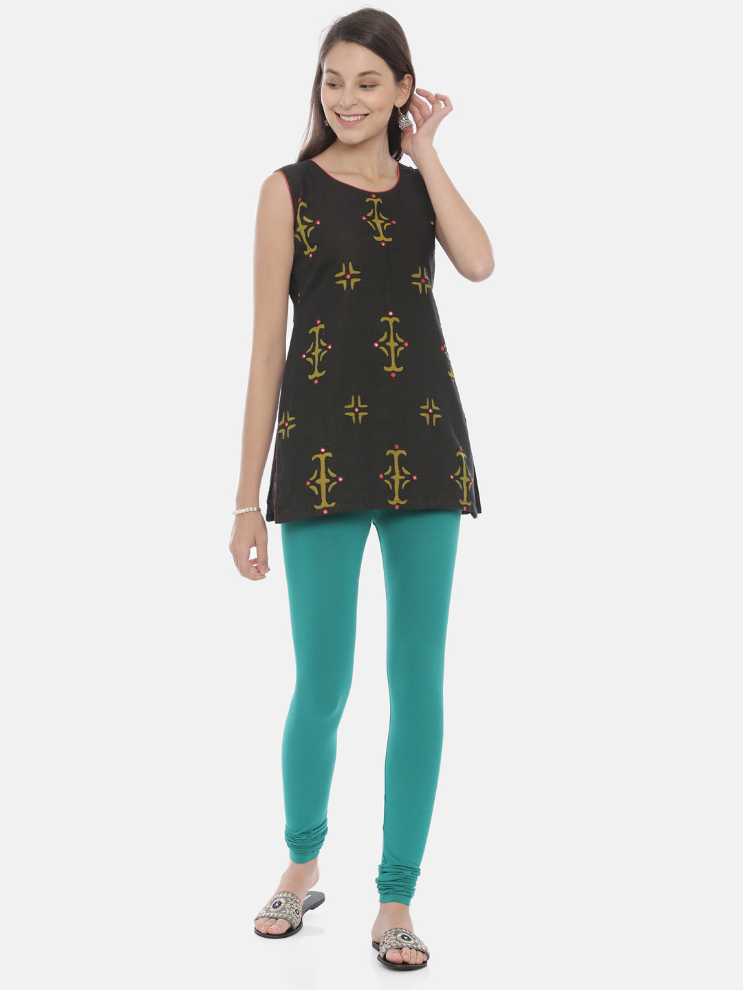 Neerus Green lycra solid leggings bottom - detail view 7