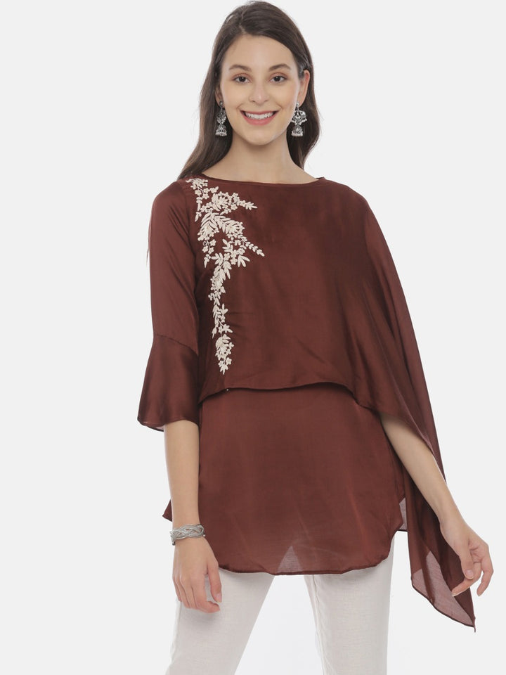 Neerus Brown Embroidered A Line Kurti
