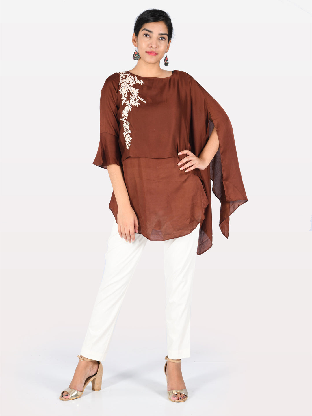 Neerus Brown Embroidered A Line Kurti