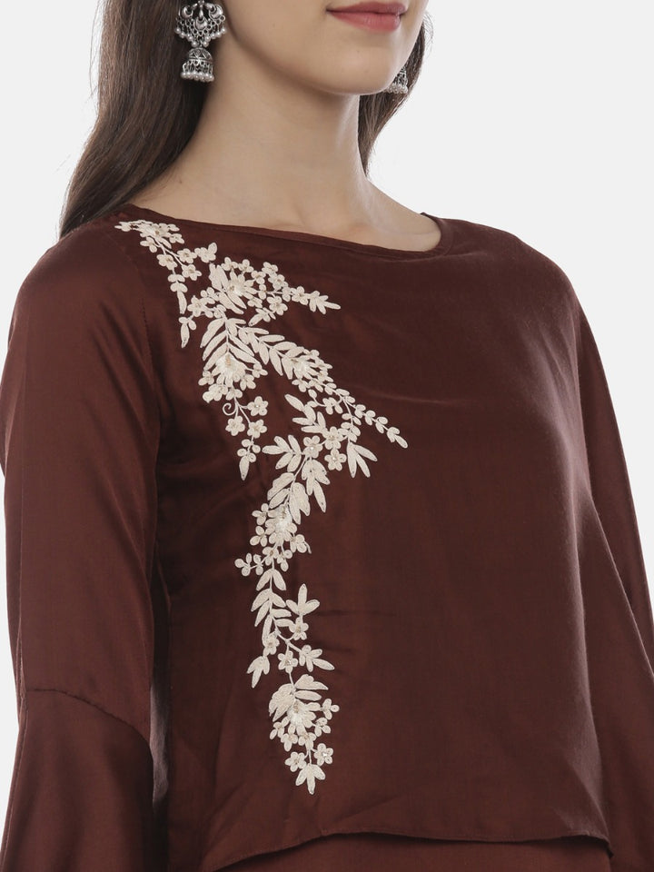 Neerus Brown Embroidered A Line Kurti