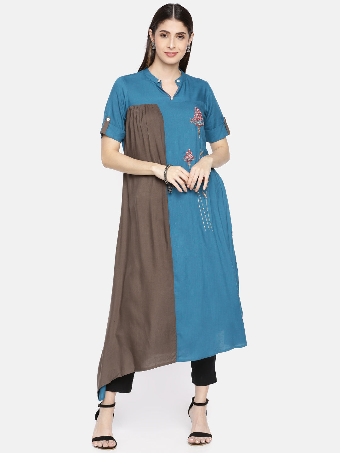 Neerus Blue rayon embroidered A-Line kurta - front view