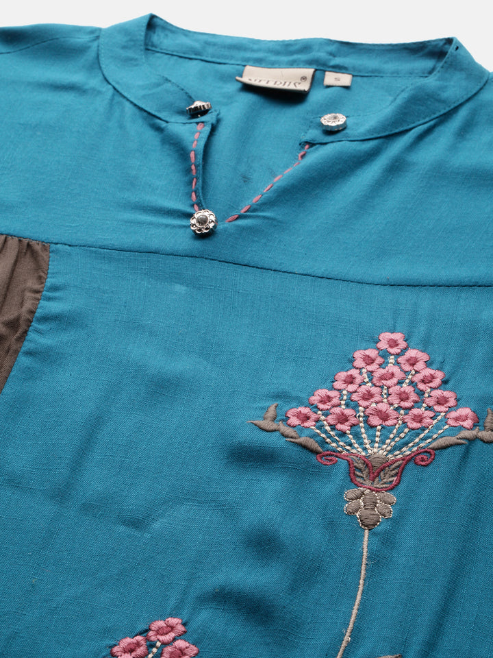 Neerus Blue rayon embroidered A-Line kurta - back view