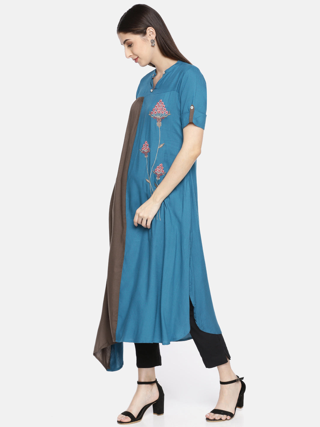 Neerus Blue rayon embroidered A-Line kurta - side view