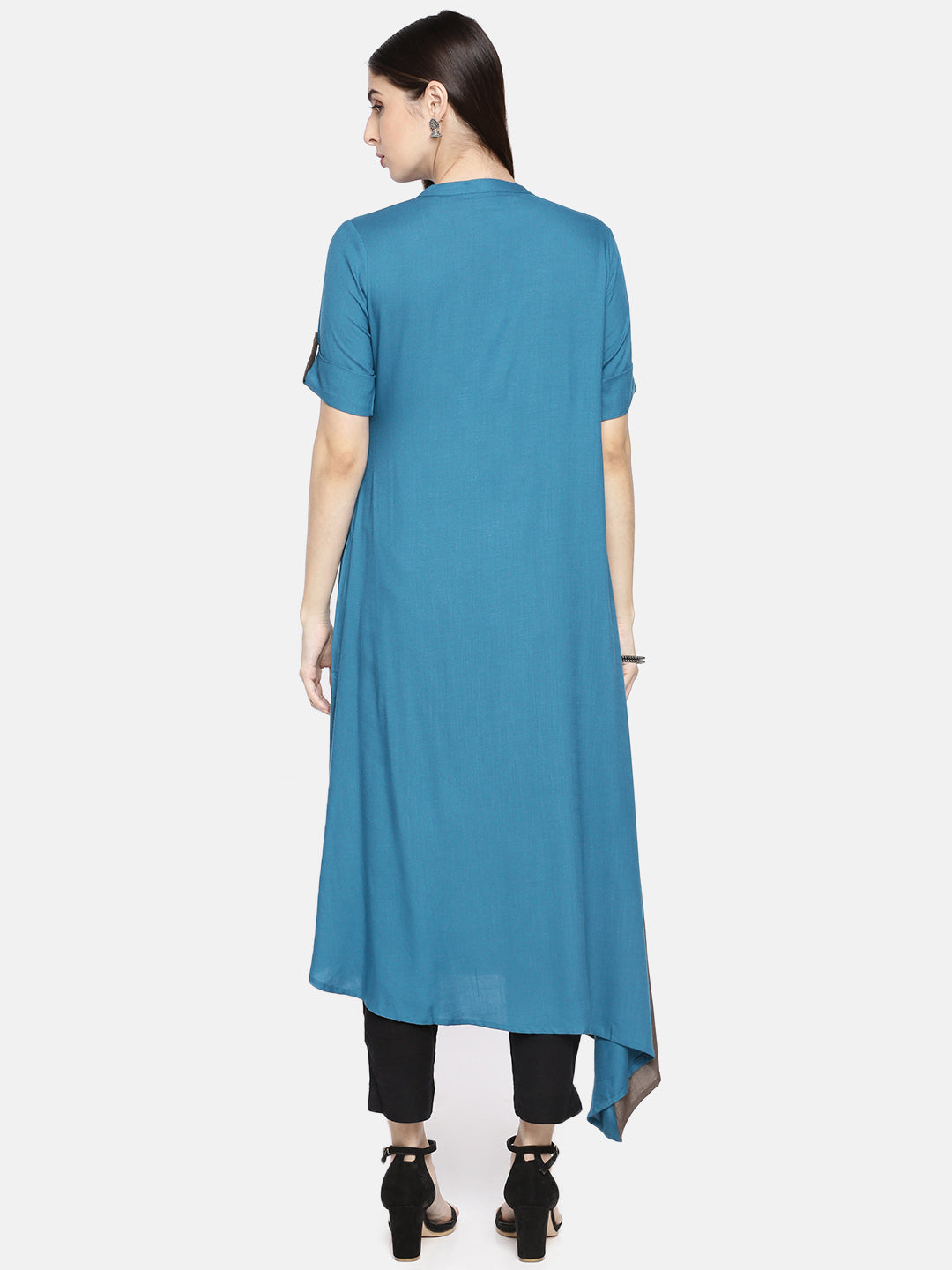 Neerus Blue rayon embroidered A-Line kurta - detail view 1