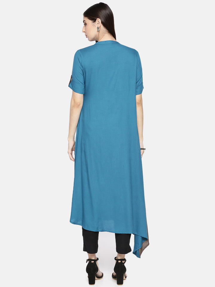Neerus Blue rayon embroidered A-Line kurta - detail view 1