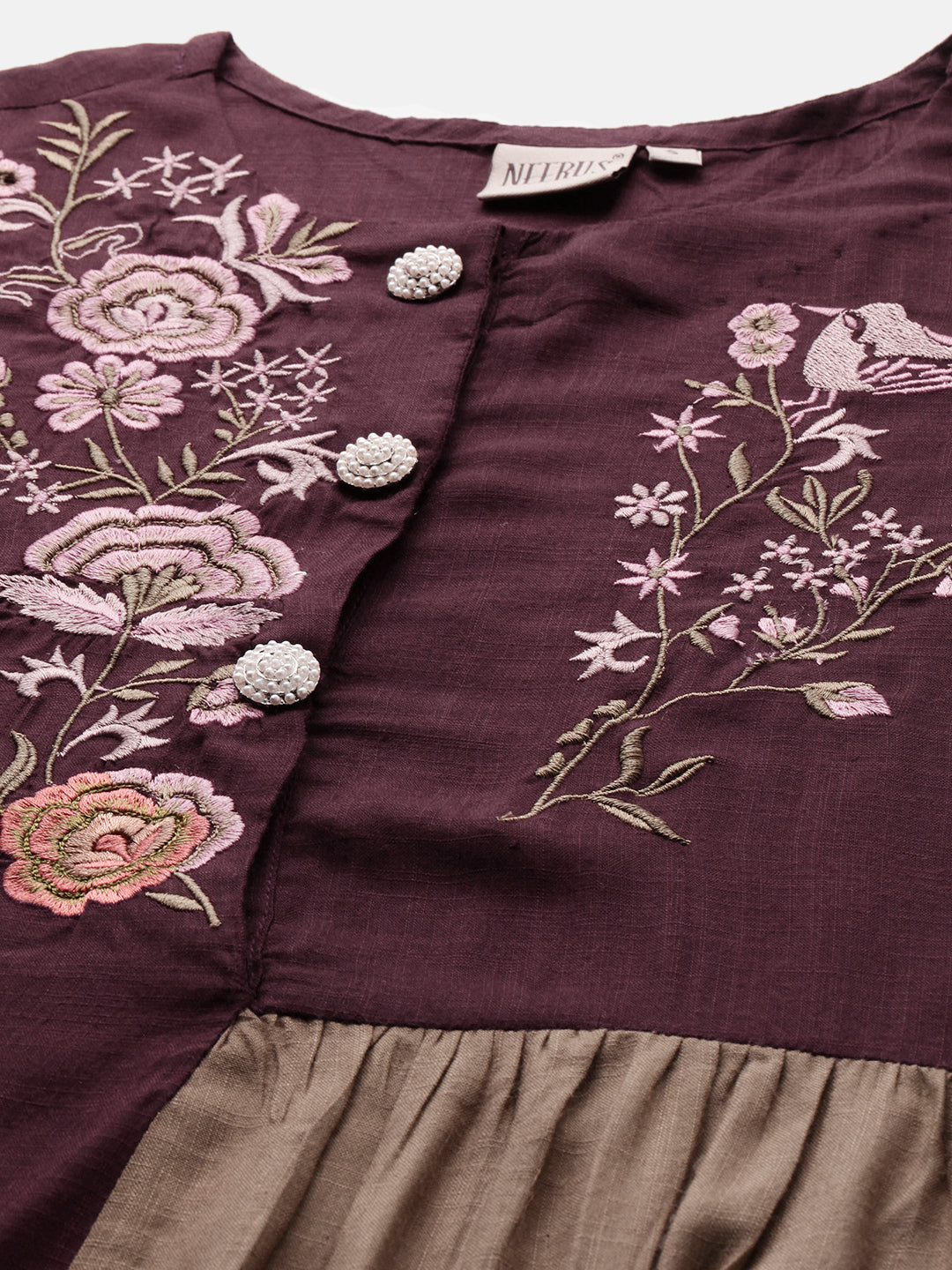 Neerus Women Burgundy Beige Colourblocked Straight Kurta