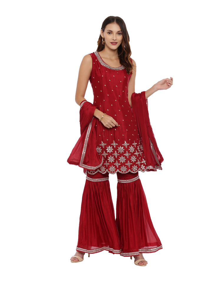 Neerus Maroon Embellished Kurta With Sharara & Dupatta