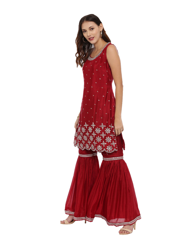 Neerus Maroon Embellished Kurta With Sharara & Dupatta