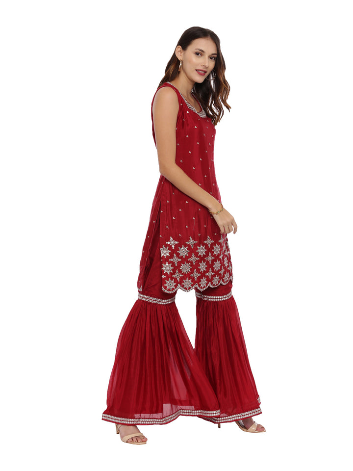Neerus Maroon Embellished Kurta With Sharara & Dupatta