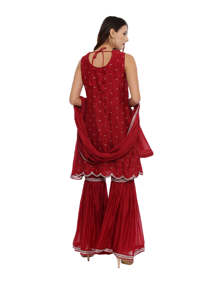 Neerus Maroon Embellished Kurta With Sharara & Dupatta