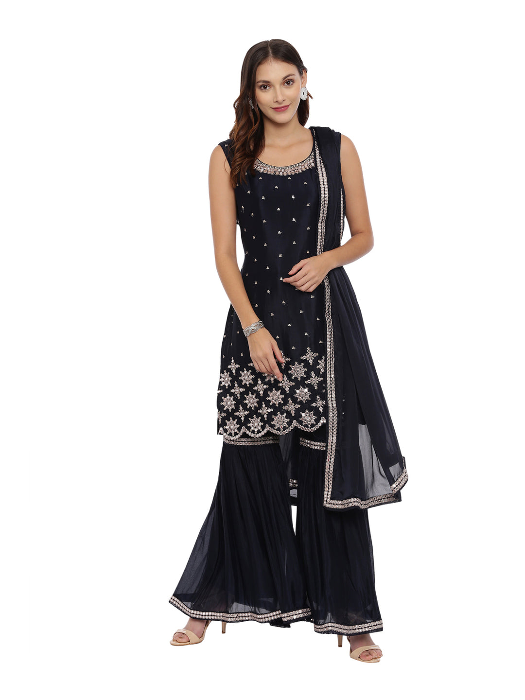 Neerus Navy Embellished Kurta With Sharara & Dupatta