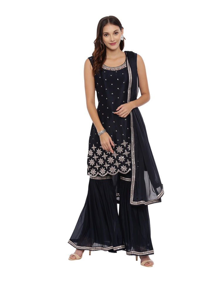 Neerus Navy Embellished Kurta With Sharara & Dupatta