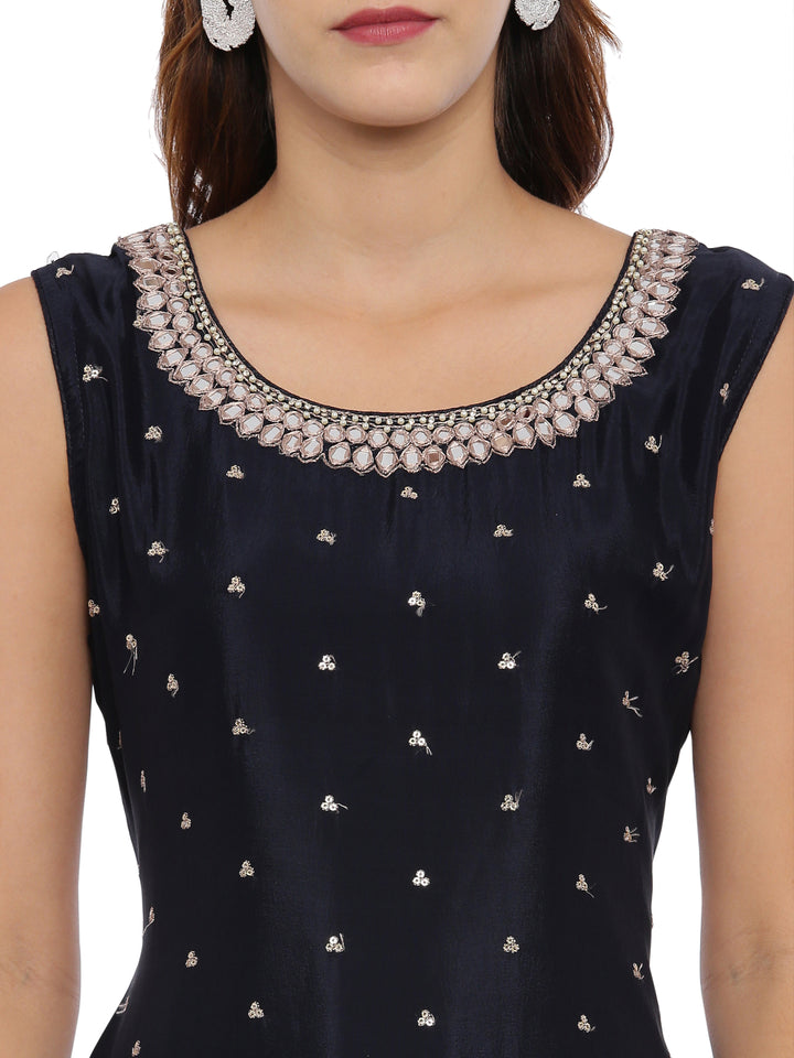 Neerus Navy Embellished Kurta With Sharara & Dupatta