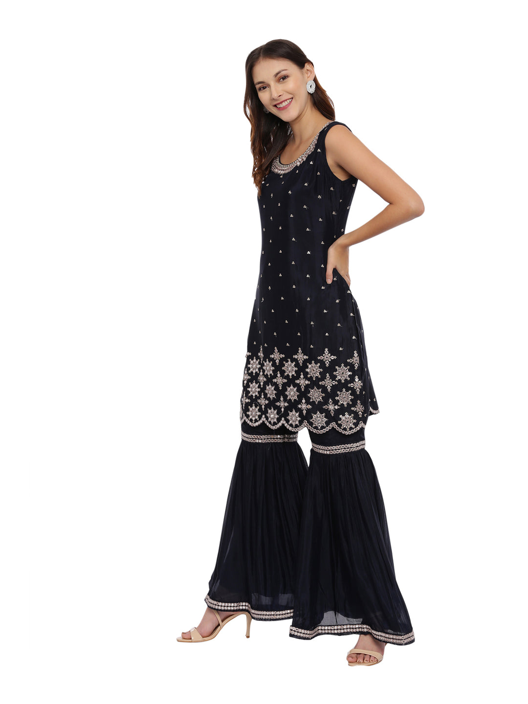 Neerus Navy Embellished Kurta With Sharara & Dupatta