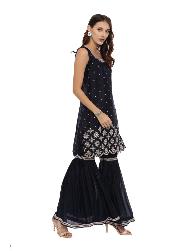 Neerus Navy Embellished Kurta With Sharara & Dupatta