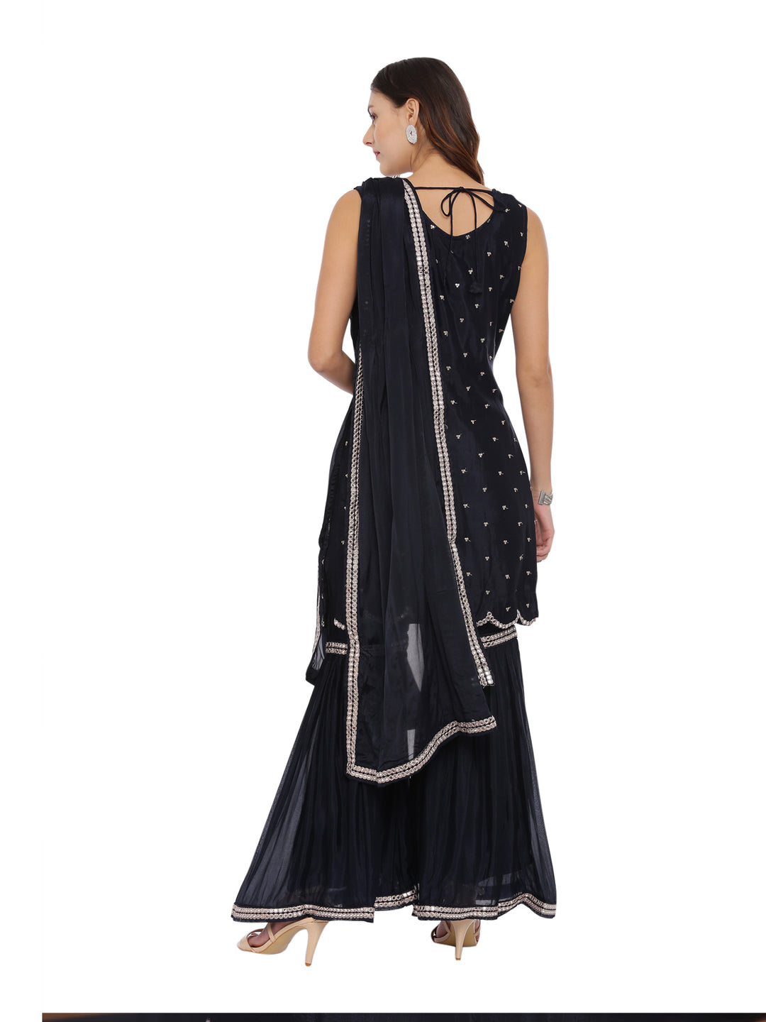 Neerus Navy Embellished Kurta With Sharara & Dupatta