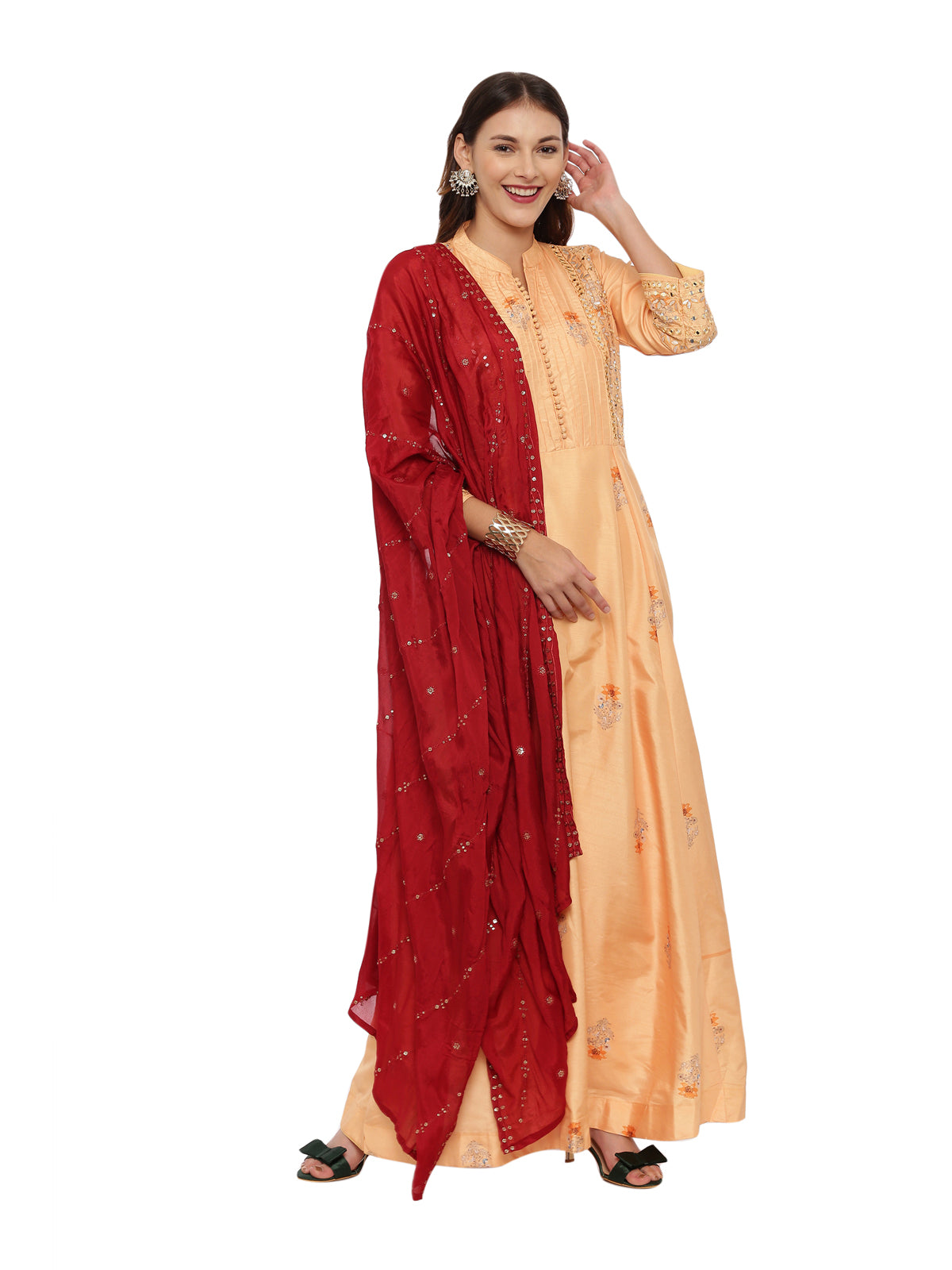 Neeru's Light Orange Embellished Anarkali With Churidar & Dupatta