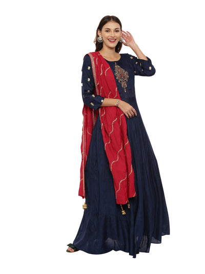 Neeru's Navy Embroidered Kurta With Churidar & Dupatta