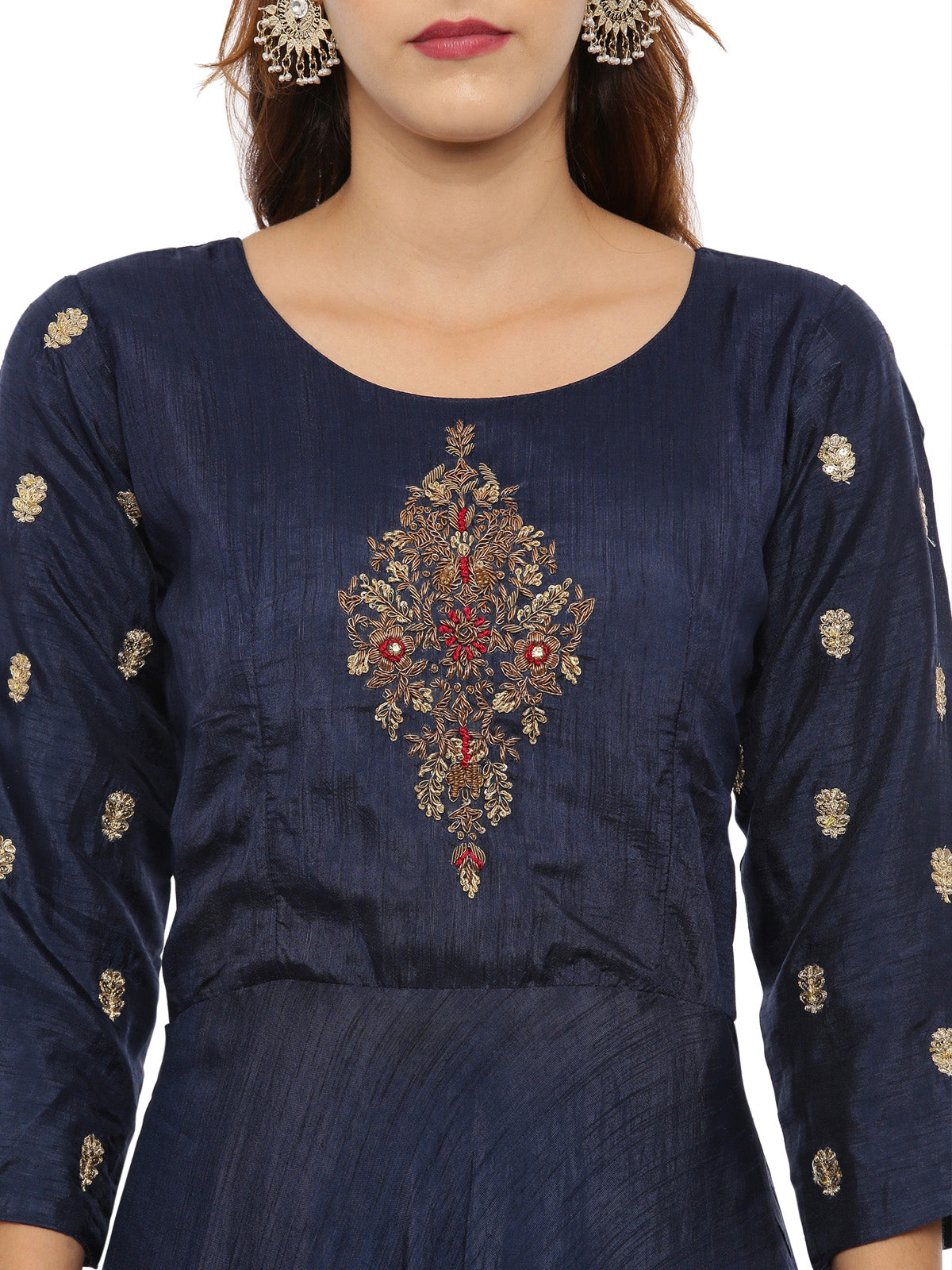 Neeru's Navy Embroidered Kurta With Churidar & Dupatta