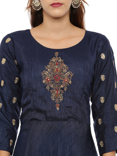 Neeru's Navy Embroidered Kurta With Churidar & Dupatta