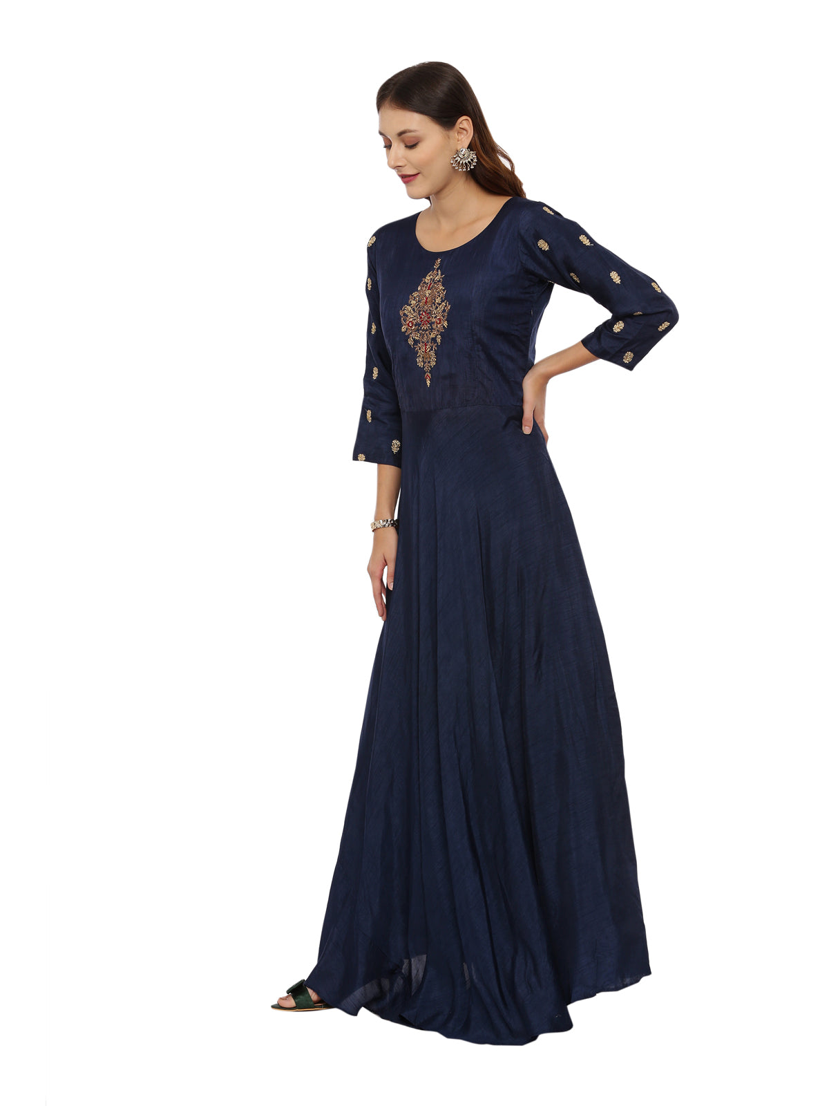 Neeru's Navy Embroidered Kurta With Churidar & Dupatta