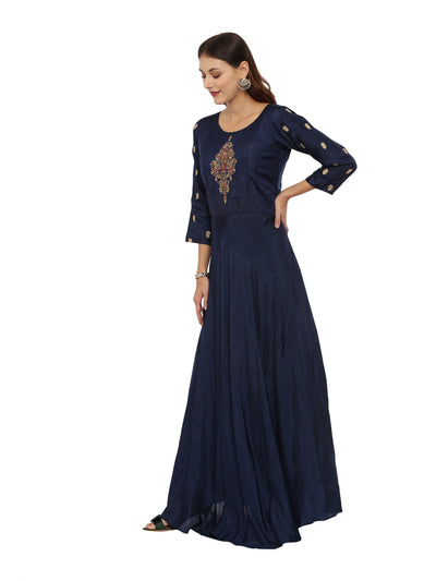 Neeru's Navy Embroidered Kurta With Churidar & Dupatta