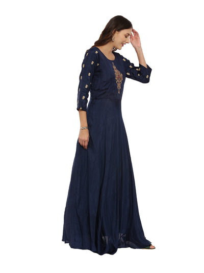 Neeru's Navy Embroidered Kurta With Churidar & Dupatta