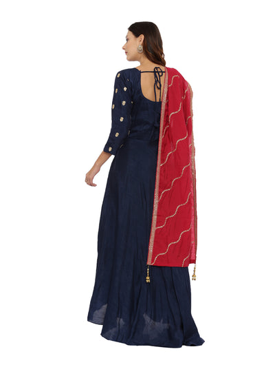 Neeru's Navy Embroidered Kurta With Churidar & Dupatta