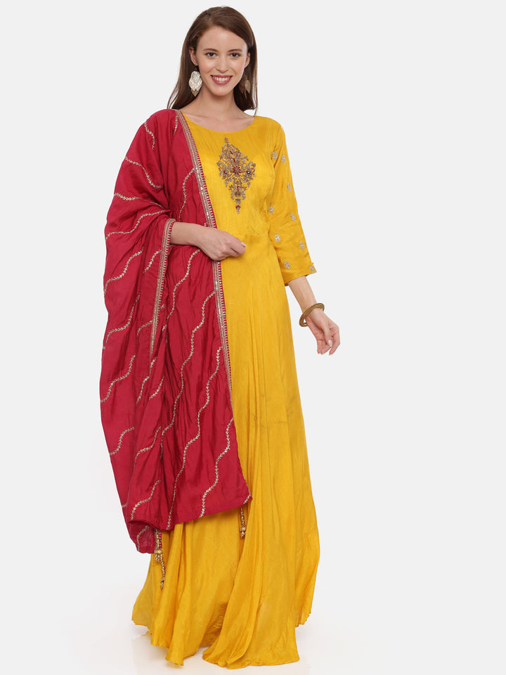 Neerus Yellow Embroidered Kurta With Churidar & Dupatta