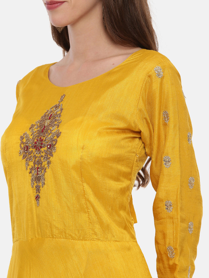 Neerus Yellow Embroidered Kurta With Churidar & Dupatta