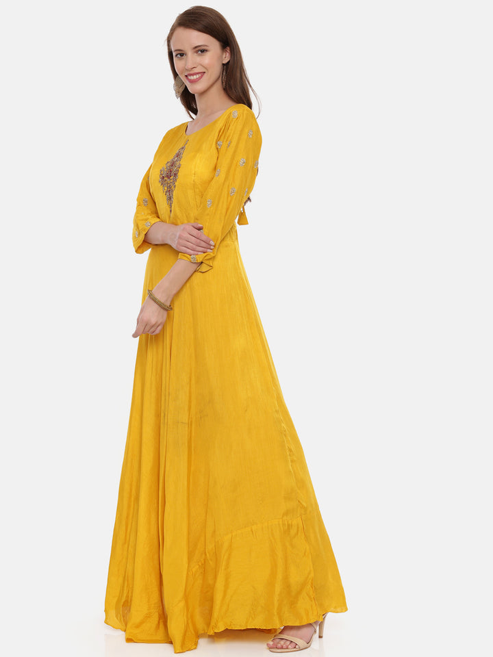Neerus Yellow Embroidered Kurta With Churidar & Dupatta
